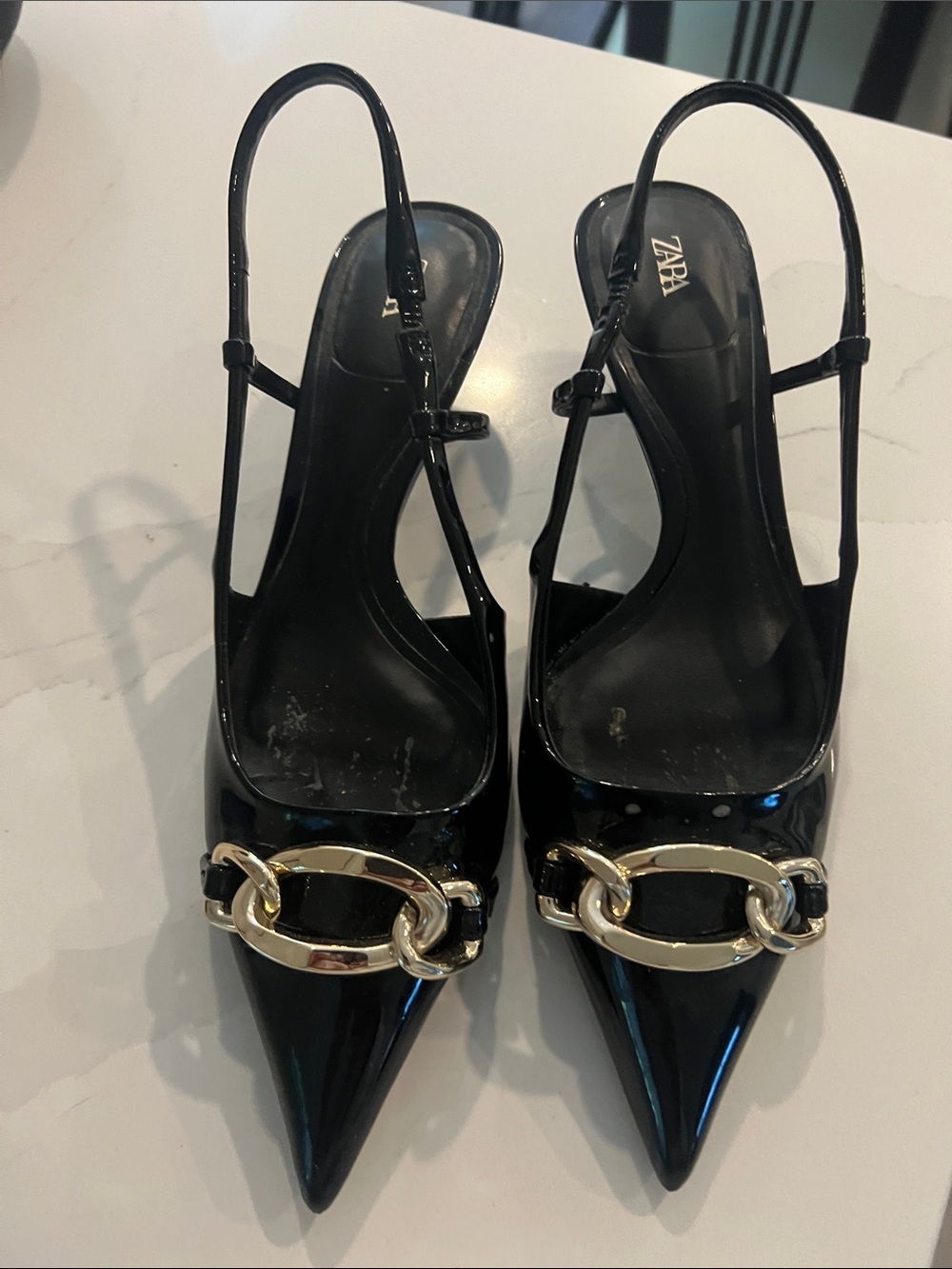 Zara Black Patent Slingback Pumps with Gold Chain Detail